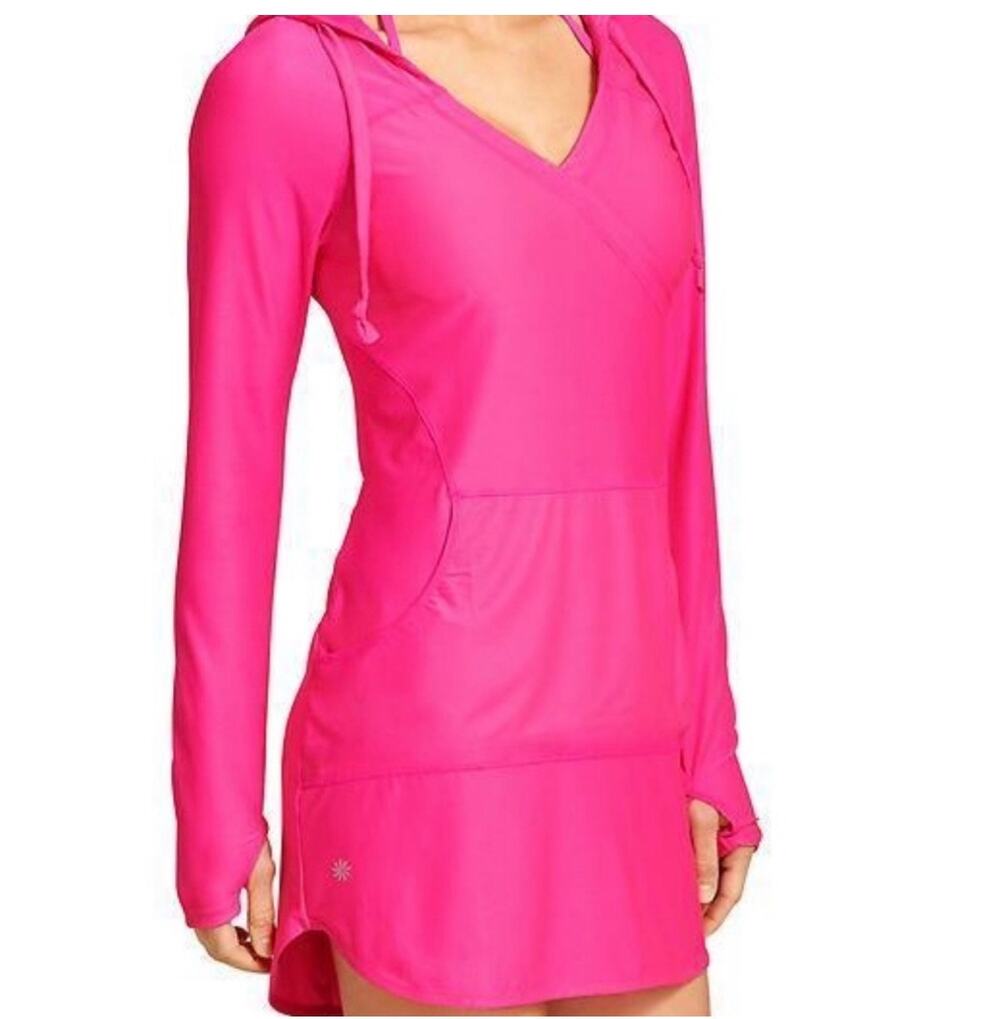 Athleta Ladies Pink V-Neck Hooded Wick It Wader Swimsuit Cover-up Dress Tunic S